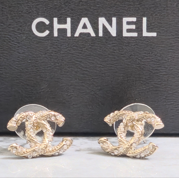 CHANEL Jewelry - Chanel Gold CC Logo Crystal Stud Earrings
